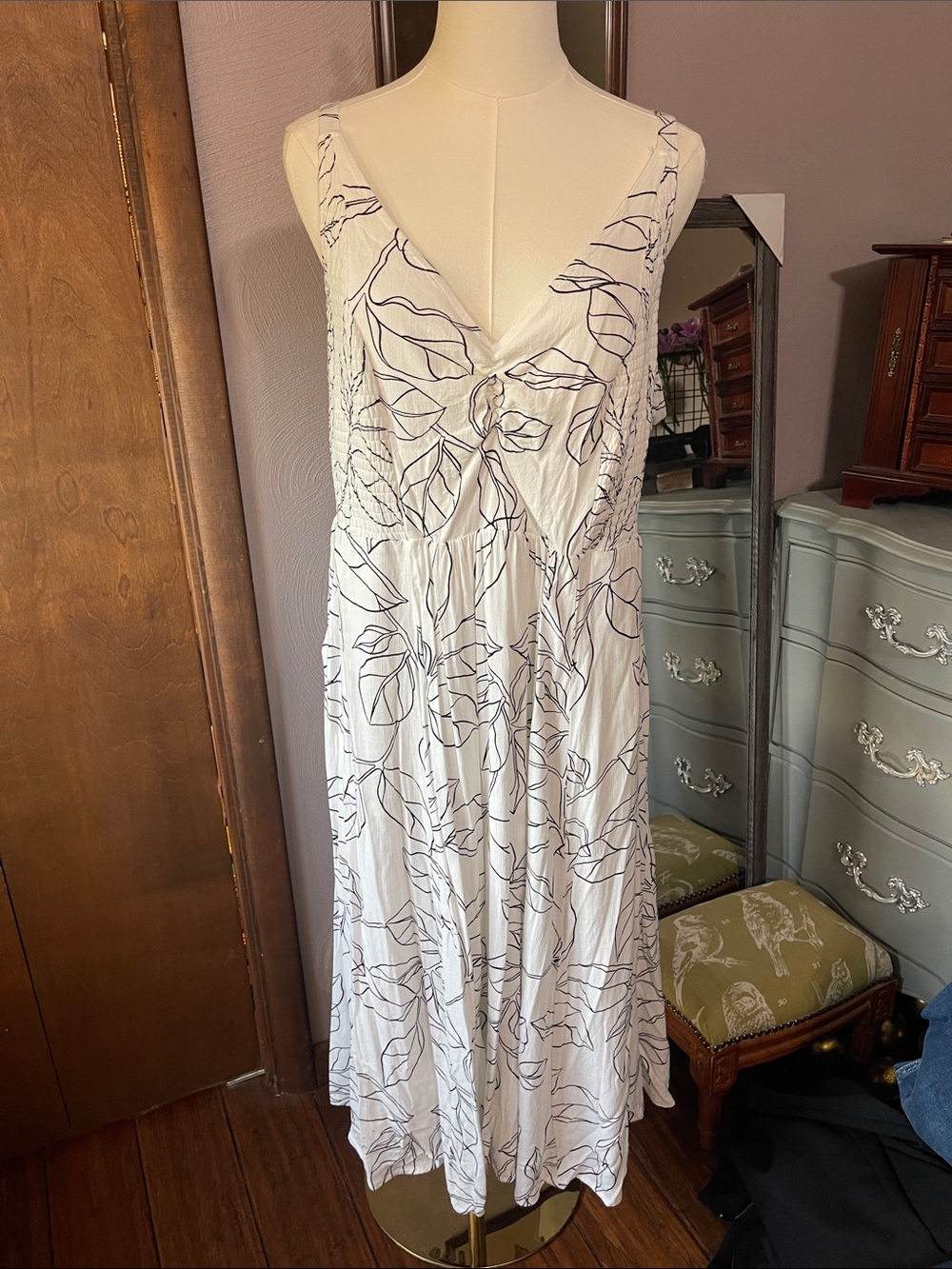 Torrid White Maxi Sundress with Black Leaf Print
